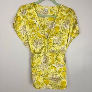 Y2K Old Navy Perfect Fit 100% Silk Babydoll Blouse Yellow Floral XL Coquette